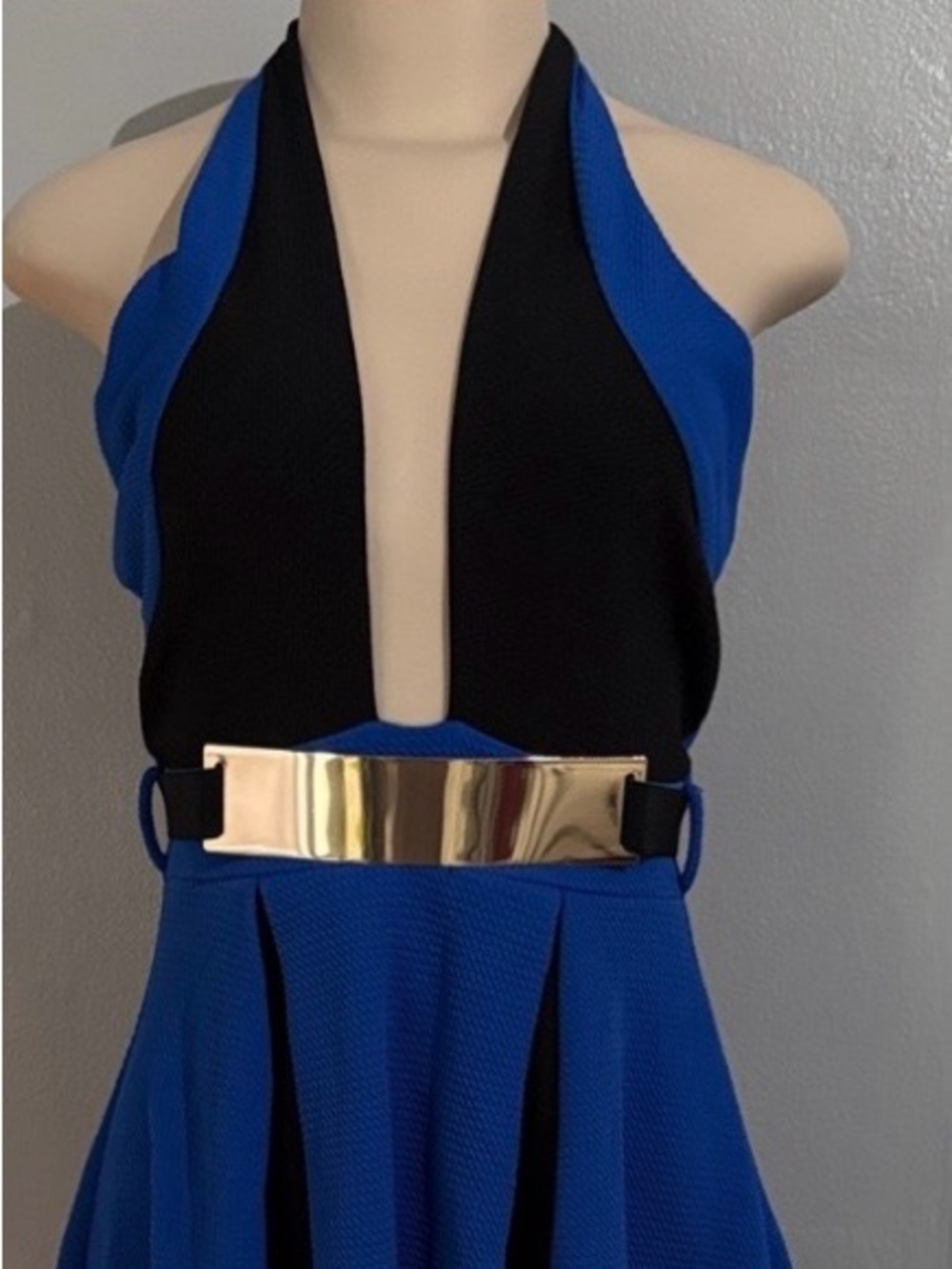 Backless Royal Blue Halter Dress with Gold Plated Belt